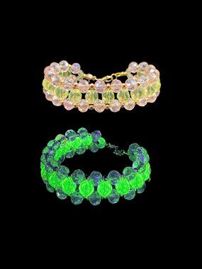 Handcrafted Uranium Glass Beaded Bracelet Pink and Green 7.5" Long w/Gift Box